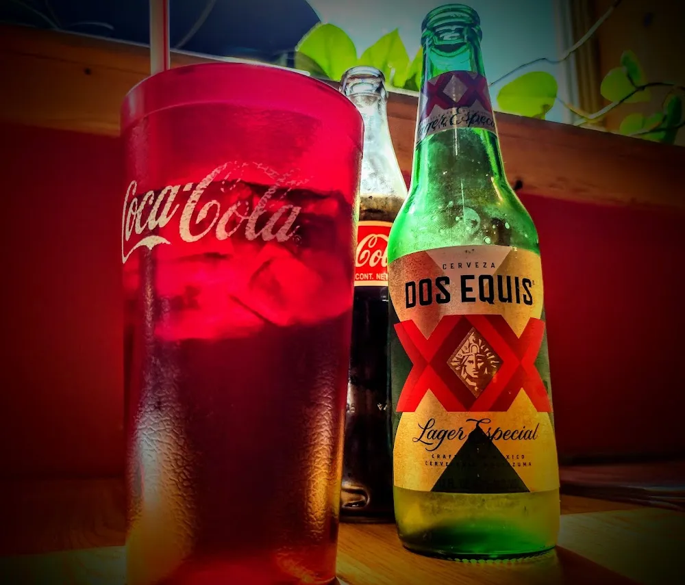 Agua De Jamaica Coca Cola and a Cerveza Dos Equis